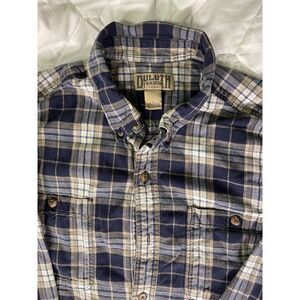 Duluth Shirt Mens Large Blue Tan White Plaid Long Sleeve Flannel